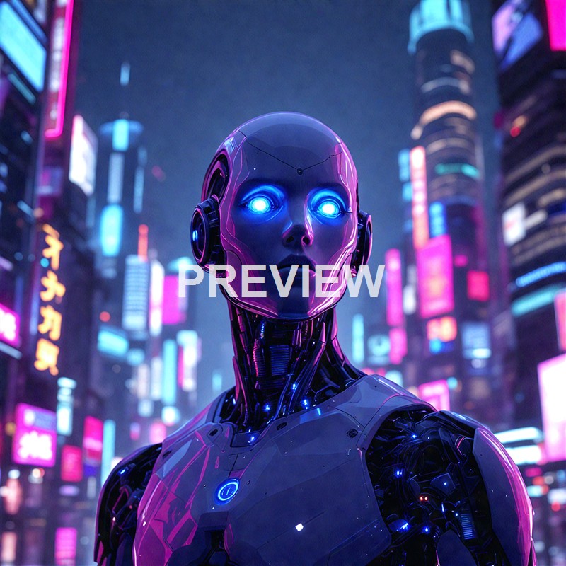 A futuristic humanoid robot with glowing blue eyes and a sleek, black and pink metallic body stands against a vibrant, neon-lit cityscape at night.
